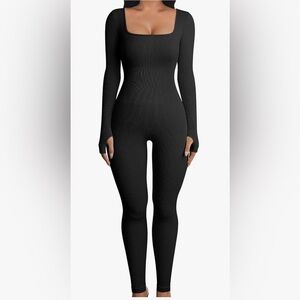 OQQ Black Ribbed Long Sleeve Jumpsuit